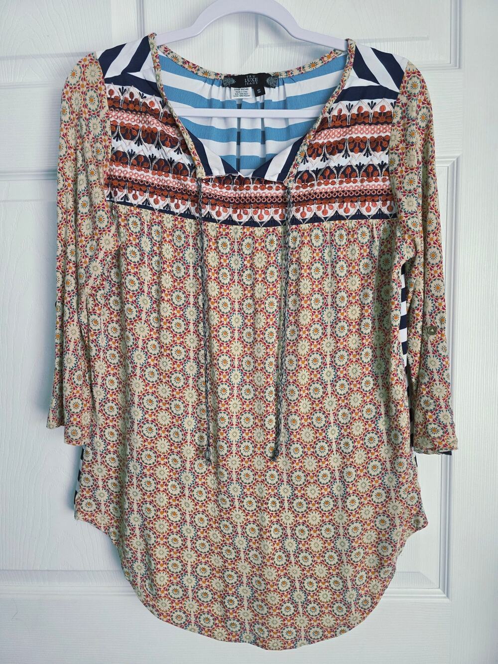 Tru Luxe Jeans Embroidered Boho Mixed Media Peasant Tunic Blouse Small